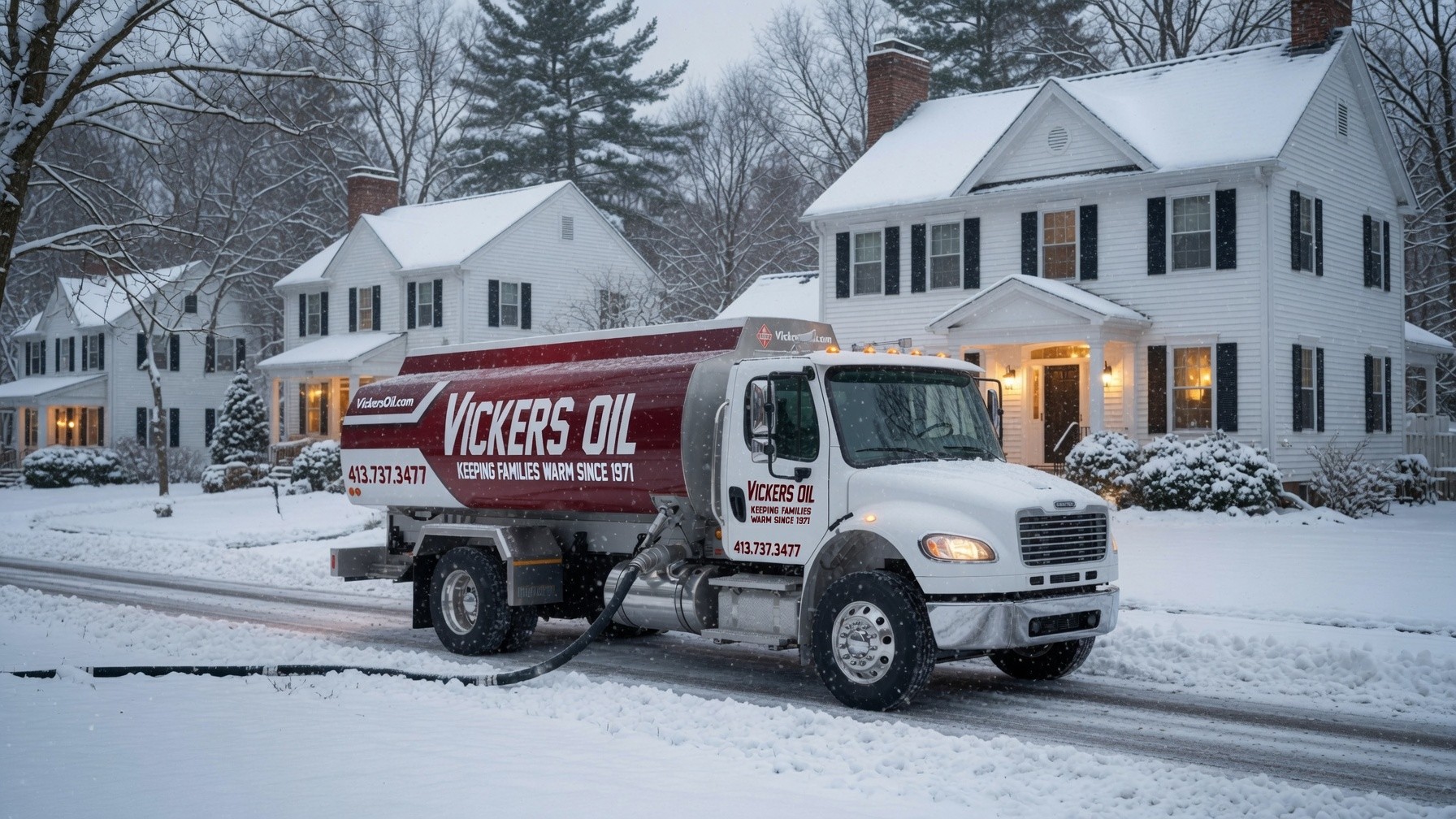 Vickers Oil filling a house in the snow